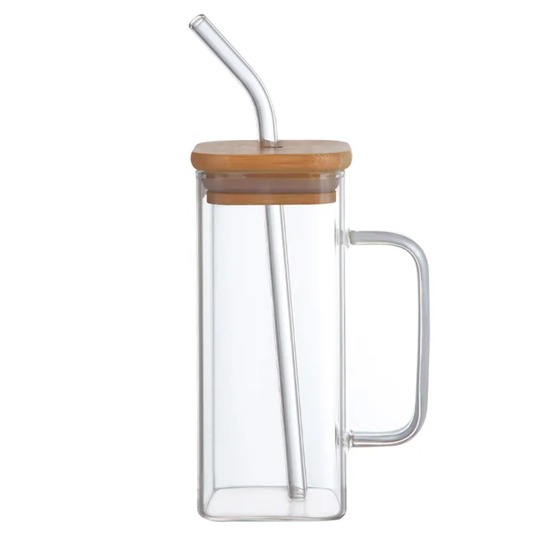 Square Shape Glass Cup with Handle, Bamboo Lid and Glass Straw
