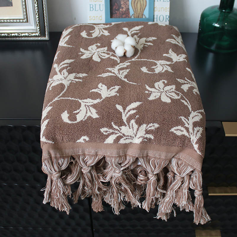 Brown Jacquard Floral Fringe Beach Towel