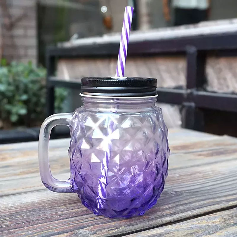 Pineapple-Shaped Mason Jar Mug Glasses with Handles, Straws & Lids